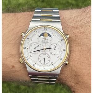 Vtg Seiko 7A48-7009 Watch Sports 100 Moonphase Original Bracelet Chronograph